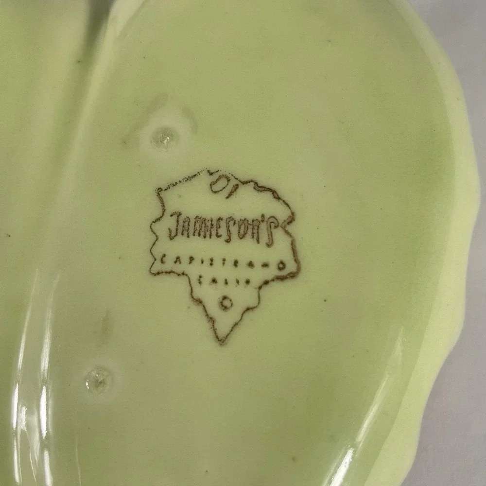 Vintage Jamieson's‎ California Pottery Leaf Dish Green Burgundy Glazed Ceramic